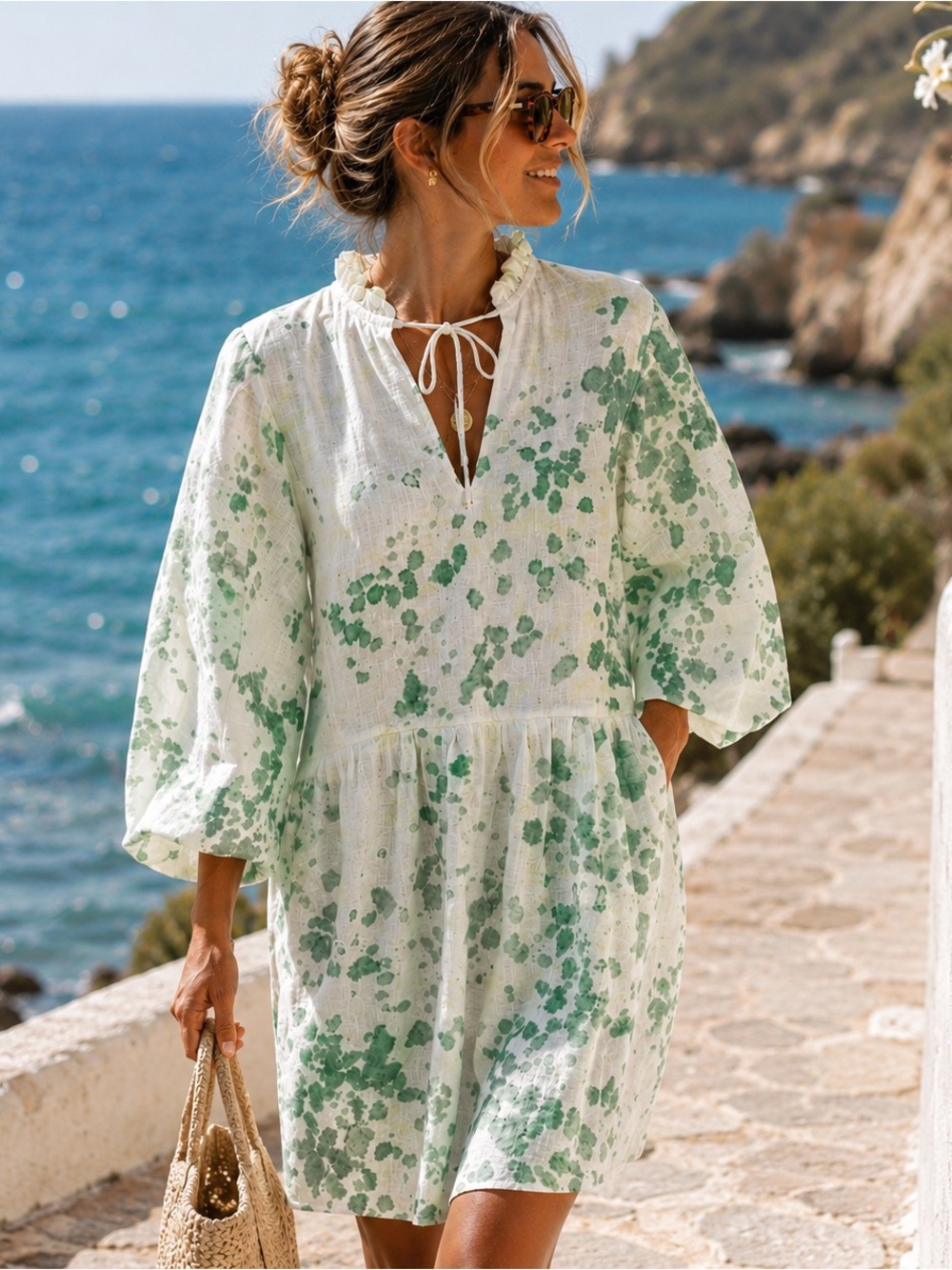 100% Linen Coastal Resort Dress Green Abstract Print Beach Cover Up Size XS NEW